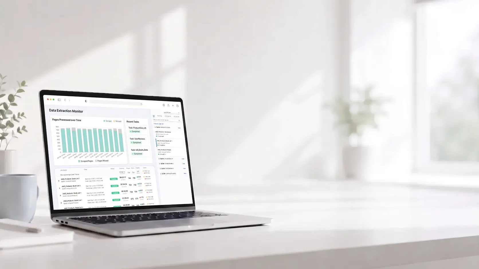 An image of a laptop on a white table with a blurry dashboard on the screen